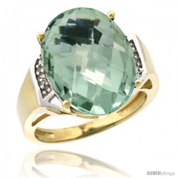 14k Yellow Gold Diamond Green-Amethyst Ring 9.7 ct Large Oval Stone 16x12 mm, 5/8 in wide