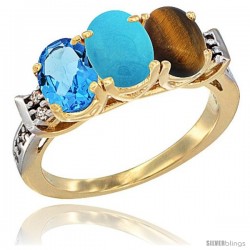 10K Yellow Gold Natural Swiss Blue Topaz, Turquoise & Tiger Eye Ring 3-Stone Oval 7x5 mm Diamond Accent