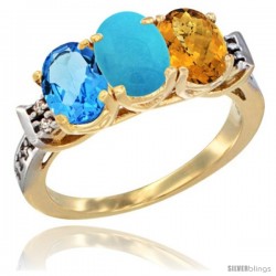 10K Yellow Gold Natural Swiss Blue Topaz, Turquoise & Whisky Quartz Ring 3-Stone Oval 7x5 mm Diamond Accent