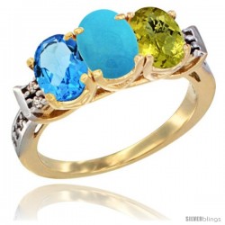 10K Yellow Gold Natural Swiss Blue Topaz, Turquoise & Lemon Quartz Ring 3-Stone Oval 7x5 mm Diamond Accent