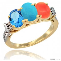 10K Yellow Gold Natural Swiss Blue Topaz, Turquoise & Coral Ring 3-Stone Oval 7x5 mm Diamond Accent