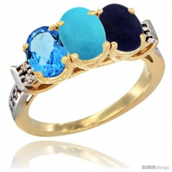 10K Yellow Gold Natural Swiss Blue Topaz, Turquoise & Lapis Ring 3-Stone Oval 7x5 mm Diamond Accent