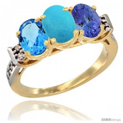 10K Yellow Gold Natural Swiss Blue Topaz, Turquoise & Tanzanite Ring 3-Stone Oval 7x5 mm Diamond Accent