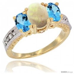 10K Yellow Gold Ladies Oval Natural Opal 3-Stone Ring with Swiss Blue Topaz Sides Diamond Accent