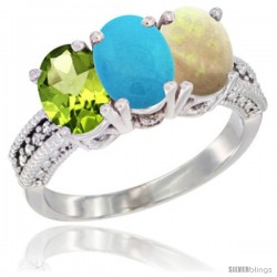 14K White Gold Natural Peridot, Turquoise & Opal Ring 3-Stone Oval 7x5 mm Diamond Accent