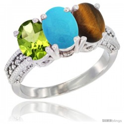 14K White Gold Natural Peridot, Turquoise & Tiger Eye Ring 3-Stone Oval 7x5 mm Diamond Accent