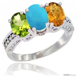 14K White Gold Natural Peridot, Turquoise & Whisky Quartz Ring 3-Stone Oval 7x5 mm Diamond Accent