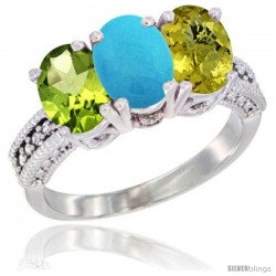 14K White Gold Natural Peridot, Turquoise & Lemon Quartz Ring 3-Stone Oval 7x5 mm Diamond Accent