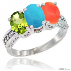 14K White Gold Natural Peridot, Turquoise & Coral Ring 3-Stone Oval 7x5 mm Diamond Accent