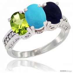 14K White Gold Natural Peridot, Turquoise & Lapis Ring 3-Stone Oval 7x5 mm Diamond Accent