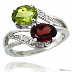 14k White Gold ( 8x6 mm ) Double Stone Engagement Garnet & Peridot Ring w/ 0.07 Carat Brilliant Cut Diamonds & 2.34 Carats Oval