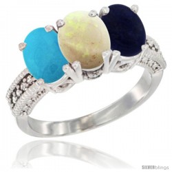 10K White Gold Natural Turquoise, Opal & Lapis Ring 3-Stone Oval 7x5 mm Diamond Accent