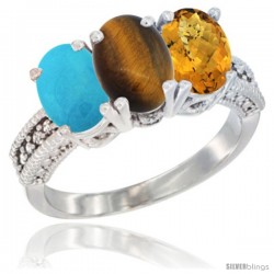 10K White Gold Natural Turquoise, Tiger Eye & Whisky Quartz Ring 3-Stone Oval 7x5 mm Diamond Accent