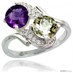 14k White Gold ( 7 mm ) Double Stone Engagement Purple & Green Amethyst Ring w/ 0.05 Carat Brilliant Cut Diamonds & 2.34 Carats