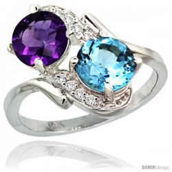 14k White Gold ( 7 mm ) Double Stone Engagement Amethyst & Swiss Blue Topaz Ring w/ 0.05 Carat Brilliant Cut Diamonds & 2.34