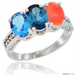 14K White Gold Natural Swiss Blue Topaz, London Blue Topaz & Coral Ring 3-Stone 7x5 mm Oval Diamond Accent