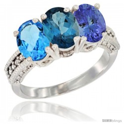 14K White Gold Natural Swiss Blue Topaz, London Blue Topaz & Tanzanite Ring 3-Stone 7x5 mm Oval Diamond Accent