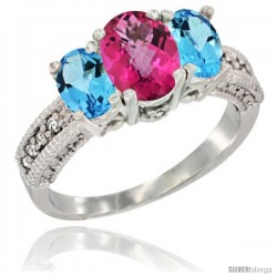 14k White Gold Ladies Oval Natural Pink Topaz 3-Stone Ring with Swiss Blue Topaz Sides Diamond Accent