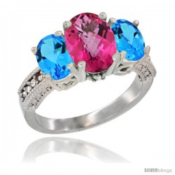 14K White Gold Ladies 3-Stone Oval Natural Pink Topaz Ring with Swiss Blue Topaz Sides Diamond Accent