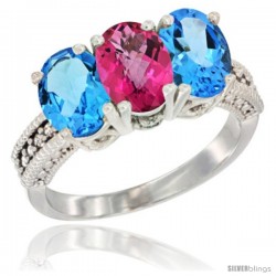 14K White Gold Natural Pink Topaz & Swiss Blue Topaz Sides Ring 3-Stone 7x5 mm Oval Diamond Accent