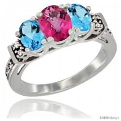 14K White Gold Natural Pink Topaz & Swiss Blue Topaz Ring 3-Stone Oval with Diamond Accent