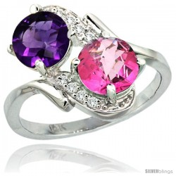 14k White Gold ( 7 mm ) Double Stone Engagement Amethyst & Pink Topaz Ring w/ 0.05 Carat Brilliant Cut Diamonds & 2.34 Carats