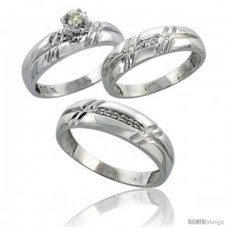 10k White Gold Diamond Trio Wedding Ring Set His 6mm & Hers 5.5mm