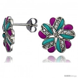 Sterling Silver 9/16" (14 mm) tall Post Earrings, Rhodium Plated w/ CZ Stones, Pink & Blue Enamel Designs