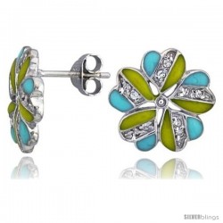 Sterling Silver 9/16" (14 mm) tall Post Earrings, Rhodium Plated w/ CZ Stones, Yellow & Blue Enamel Designs