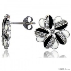 Sterling Silver 9/16" (14 mm) tall Post Earrings, Rhodium Plated w/ CZ Stones, Black & White Enamel Designs