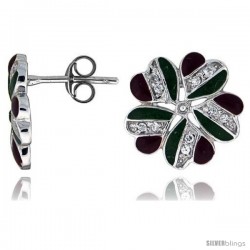 Sterling Silver 9/16" (14 mm) tall Post Earrings, Rhodium Plated w/ CZ Stones, Green & Red Enamel Designs