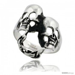 Surgical Steel Biker Ring Chained Double Skull 1 3/16 in