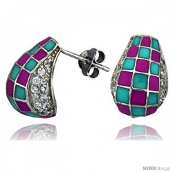 Sterling Silver 5/8" (16 mm) tall Post Earrings, Rhodium Plated w/ CZ Stones, Pink & Blue Checkered Enamel Designs