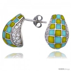 Sterling Silver 5/8" (16 mm) tall Post Earrings, Rhodium Plated w/ CZ Stones, Yellow & Blue Checkered Enamel Designs