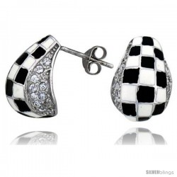 Sterling Silver 5/8" (16 mm) tall Post Earrings, Rhodium Plated w/ CZ Stones, Black & White Checkered Enamel Designs