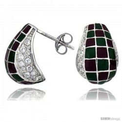 Sterling Silver 5/8" (16 mm) tall Post Earrings, Rhodium Plated w/ CZ Stones, Green & Red Checkered Enamel Designs