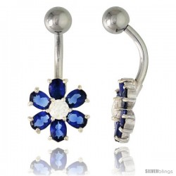 Flower Belly Button Ring with Blue Sapphire Cubic Zirconia on Sterling Silver Setting