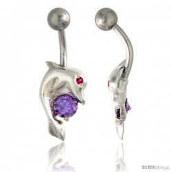 Dolphin Belly Button Ring with Amethyst Cubic Zirconia on Sterling Silver Setting