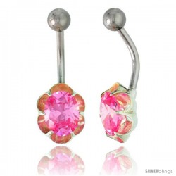 Flower Belly Button Ring with Pink Cubic Zirconia on Sterling Silver Setting