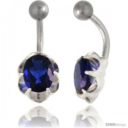 Flower Belly Button Ring with Blue Sapphire Cubic Zirconia on Sterling Silver Setting -Style Ssc107