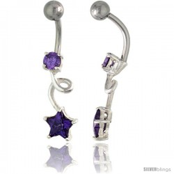 Loop Belly Button Ring with Star Cut Amethyst Cubic Zirconia on Sterling Silver Setting