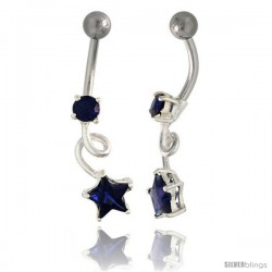 Loop Belly Button Ring with Star Cut Blue Sapphire Cubic Zirconia on Sterling Silver Setting