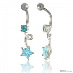 Loop Belly Button Ring with Star Cut Blue Topaz Cubic Zirconia on Sterling Silver Setting