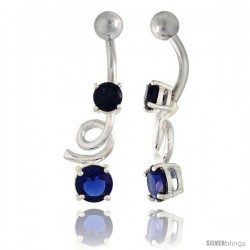 Loop Belly Button Ring with Brilliant Cut Blue Sapphire Cubic Zirconia on Sterling Silver Setting