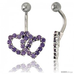 Double Heart Belly Button Ring with Amethyst Cubic Zirconia on Sterling Silver Setting