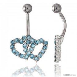 Double Heart Belly Button Ring with Blue Topaz Cubic Zirconia on Sterling Silver Setting