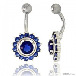 Sunflower Belly Button Ring with Blue Sapphire Cubic Zirconia on Sterling Silver Setting