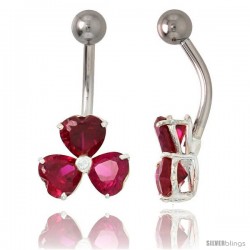 Shamrock Belly Button Ring with Ruby Red Cubic Zirconia on Sterling Silver Setting