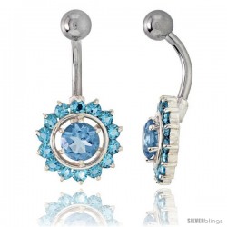 Sunflower Belly Button Ring with Blue Topaz Cubic Zirconia on Sterling Silver Setting