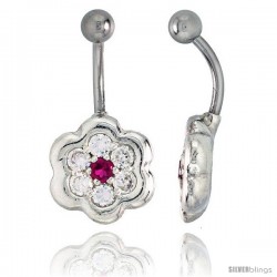 Flower Belly Button Ring with Clear Cubic Zirconia on Sterling Silver Setting -Style Ssc21